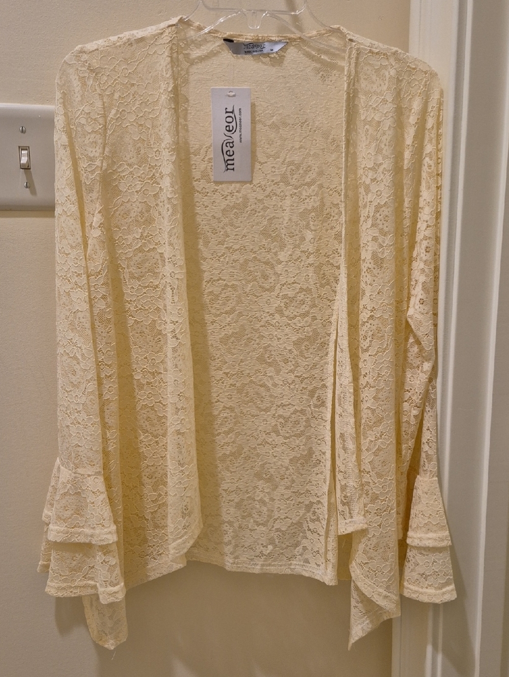 mea eor Cream Lace Open-Front Blazer with Ruffle Sleeves